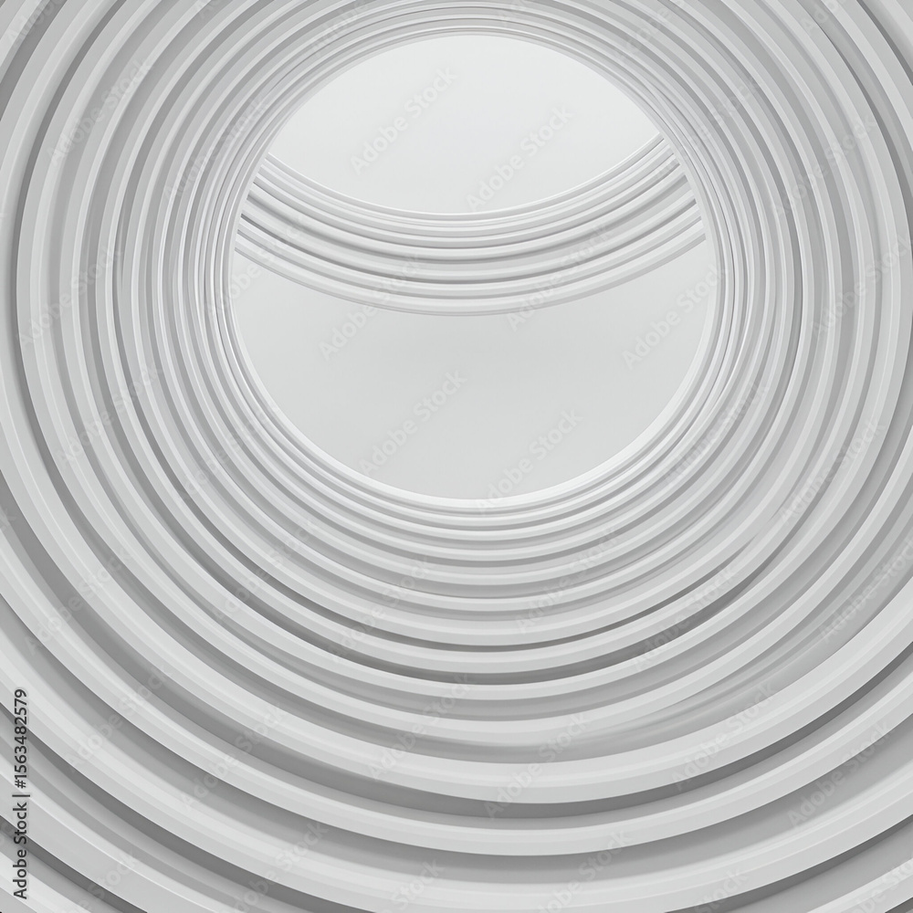 Obraz premium Abstract architectural design with concentric rings in a light gray color scheme. Concentric circles create a sense of depth and perspective within an interior space.