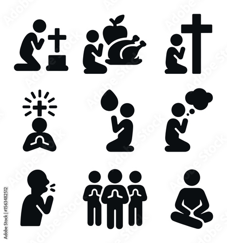 Christian Prayer Icons. Solid, filled icons set of Types of Christian prayers: intercession, thanksgiving,