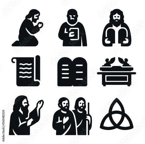 Biblical Icons Grid. Solid, filled icons set of Biblical prayers and figures: Jesus praying, Apostle Paul,