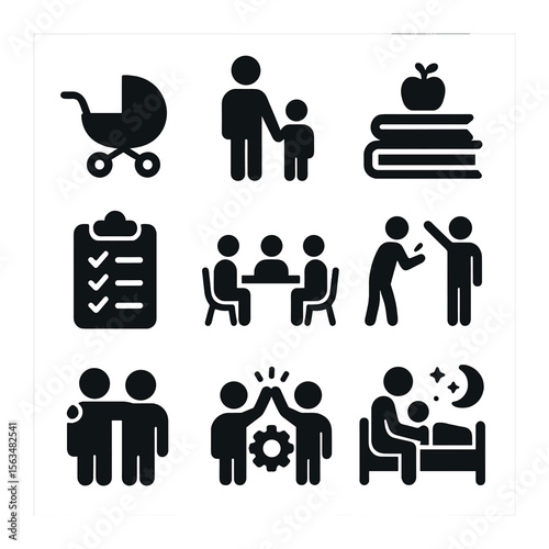Parenting Role Icons. Solid, filled icons set of Parenting roles and dynamics: baby stroller, parent with