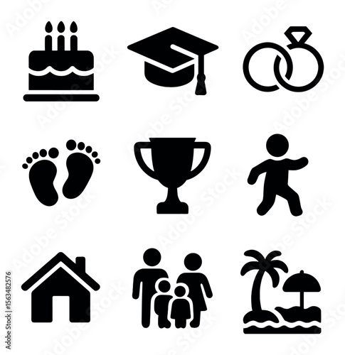 Milestone Celebration Icons. Solid, filled icons set of Celebrating milestones together: birthday cake,