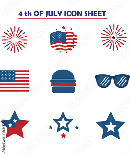 **Title:**
Patriotic 4th of July Icon Collection – Fireworks, Flag, Food & Stars Set

