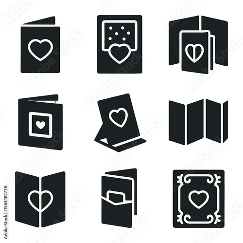 Greeting Card Icons. Solid, filled icons set of greeting card styles: pop-up card, shaker card, tri-fold card,