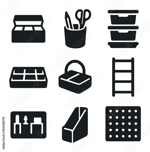 Craft Storage Icons. Solid, filled icons set of card-making supplies storage: organizer box, pencil cup,