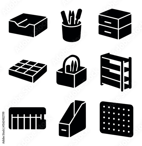 Craft Storage Icons. Solid, filled icons set of card-making supplies storage: organizer box, pencil cup,