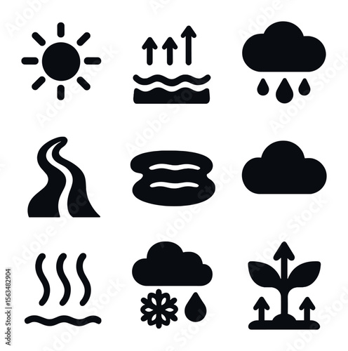 Hydrological Cycle Icons. Solid, filled icons set of sun and hydrological cycle: evaporation, condensation,