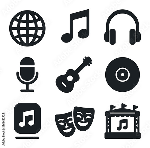 Music Internationalization Icons. Solid, filled icons set of internationalization of music: globe, musical