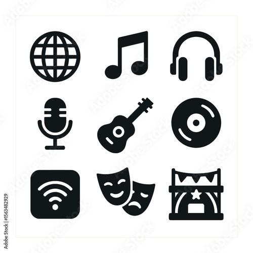 Music Internationalization Icons. Solid, filled icons set of internationalization of music: globe, musical
