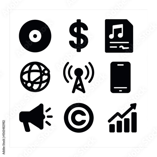 Music Industry Icons. Solid, filled icons set of music industry globalization: record label, dollar sign,