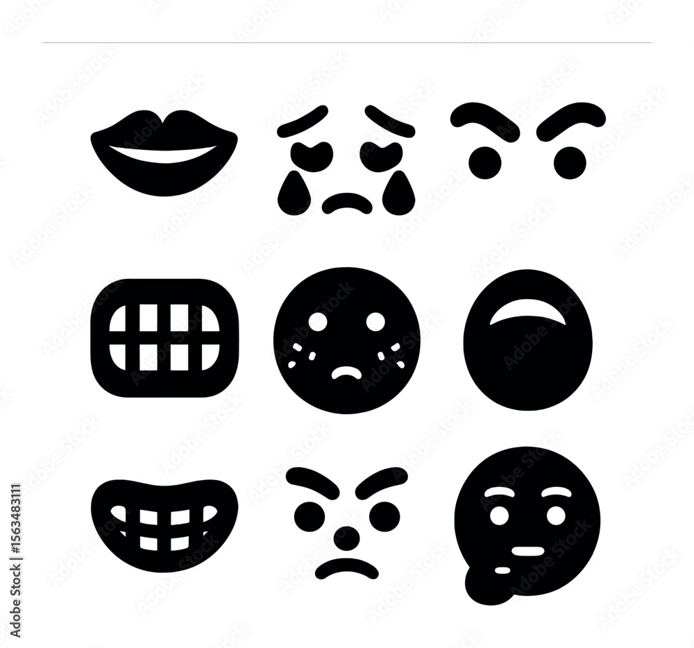 Fototapeta premium Expressive Icon Grid. Solid, filled icons set of expressive features: smiling lips, teary eyes, raised