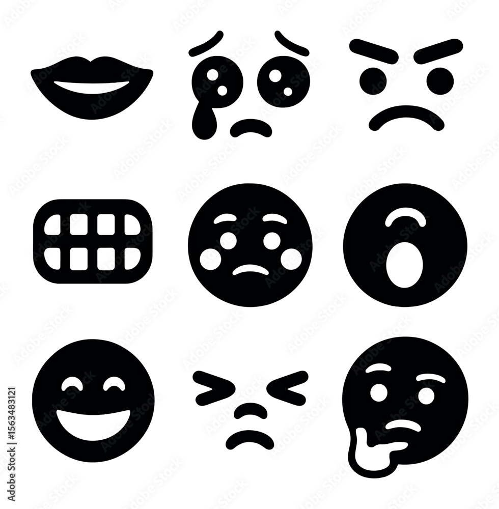 Fototapeta premium Expressive Icon Grid. Solid, filled icons set of expressive features: smiling lips, teary eyes, raised