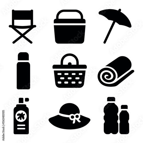 Outdoor Picnic Icons. Solid, filled icons set of outdoor picnic gear: foldable chairs, cooler, umbrella,