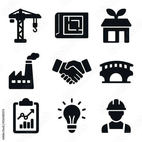 Economic Progress Icons. Solid, filled icons set of rebuilding economy: construction crane, blueprint, new