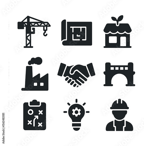 Economic Progress Icons. Solid, filled icons set of rebuilding economy: construction crane, blueprint, new