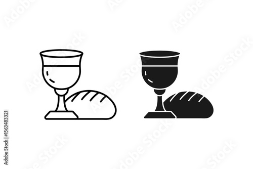Bread and Wine Communion Icon Christian Eucharist Symbol of Holy Sacrament Faith and Worship Line Art Black Outline Minimalist Style Isolated on White Background Religious Ceremony Illustration