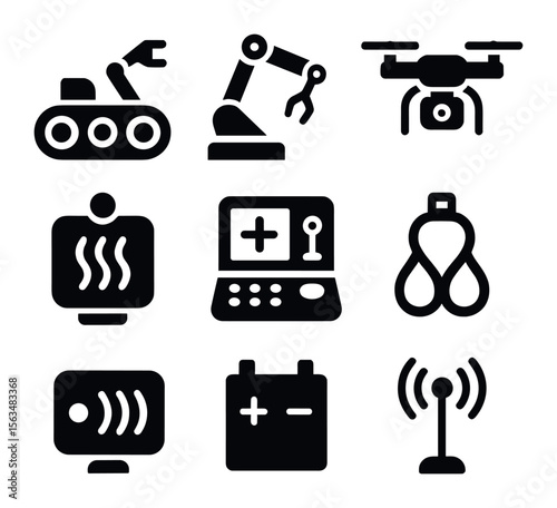 Search Robotics Icons. Solid, filled icons set of search and rescue robotics: wheeled robot, robotic arm,