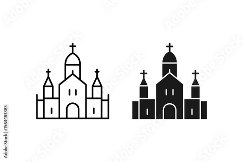 Christian Cathedral Icon Large Religious Church Building with Towers and Crosses Line Art Black Outline Isolated on White Background Architecture of Worship Faith and Christianity Symbol Illustration
