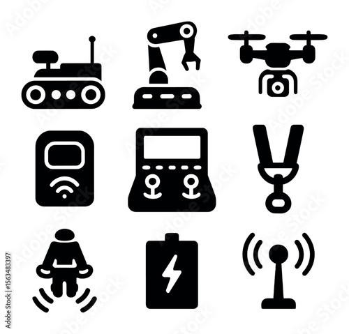 Search Robotics Icons. Solid, filled icons set of search and rescue robotics: wheeled robot, robotic arm,