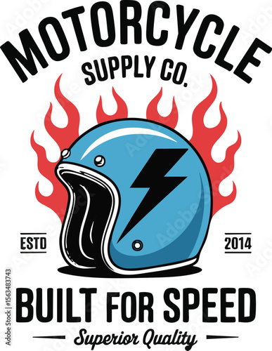 Retro motorcycle helmet with lightning bolt and flames built for speed
