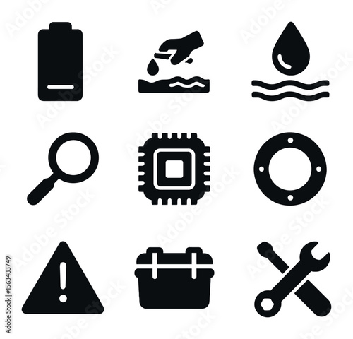 Electronics Leak Prevention Icons. Solid, filled icons set of electronic device leak prevention: battery icon,