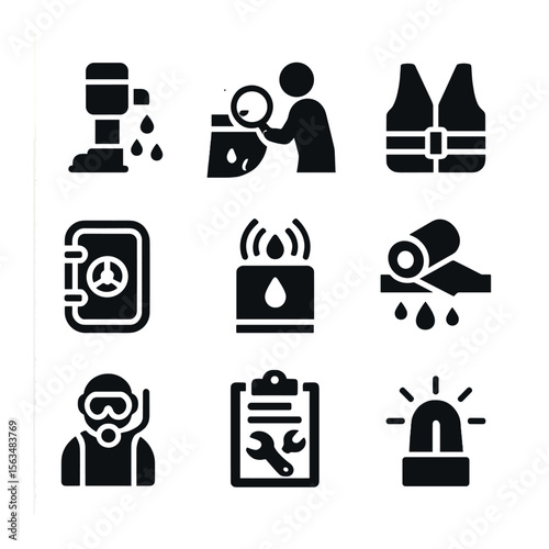 Marine Safety Icons. Solid, filled icons set of marine vessel leak safety: bilge pump, hull inspection, life