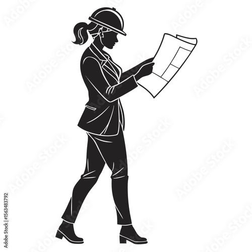 Female Engineer Reviewing Blueprint: Professional Construction Illustration