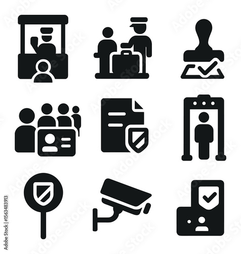 Traveler Customs Icons. Solid, filled icons set of traveler customs clearance: passport control booth,