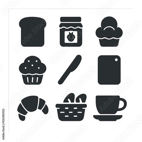 Breakfast Bread Icons. Solid, filled icons set of breakfast bread selection: toast slice, jam jar, brioche