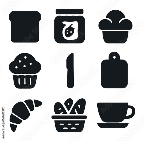 Breakfast Bread Icons. Solid, filled icons set of breakfast bread selection: toast slice, jam jar, brioche