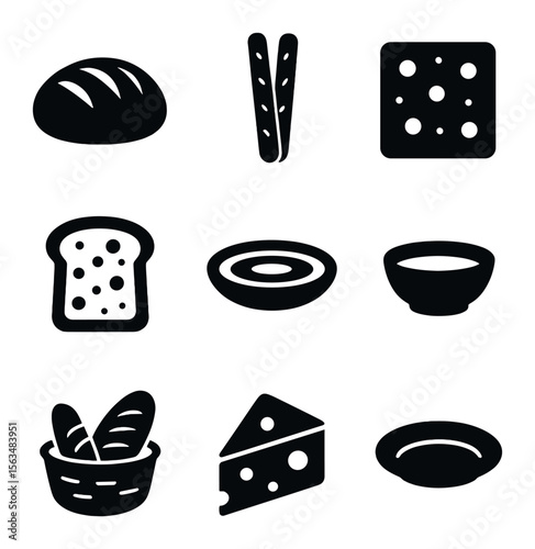 Gourmet Bread Icons. Solid, filled icons set of gourmet bread servings: artisan loaf, breadsticks, focaccia