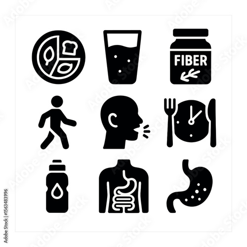 Healthy Digestion Icons. Solid, filled icons set of healthy digestion habits: balanced plate, water glass,