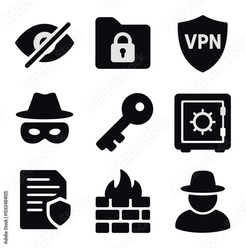 Data Security Icons. Solid, filled icons set of privacy and data security: eye with slash, secure folder, VPN