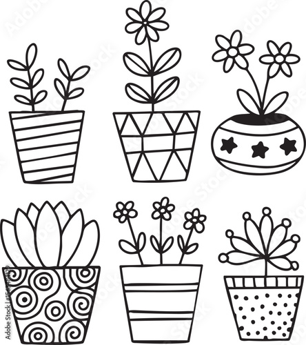 Collection of six hand drawn potted plants with decorative patterned containers