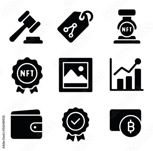 NFT Marketplace Icons. Solid, filled icons set of NFT marketplace elements: gavel icon, bidding tag, minting