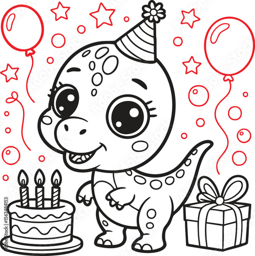 Cute cartoon baby dinosaur wearing a party hat celebrating birthday with cake and gifts