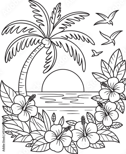 A charming black and white line drawing of a tropical beach scene. Features a palm tree, hibiscus flowers, birds in flight, and a sunset over the ocean, perfect for coloring or design.