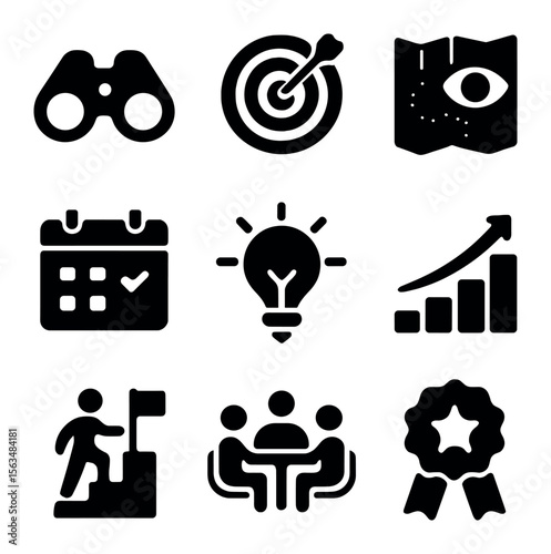 Vision Strategy Icons. Solid, filled icons set of vision and strategy development: binoculars icon, target
