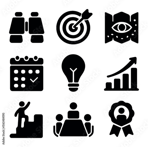 Vision Strategy Icons. Solid, filled icons set of vision and strategy development: binoculars icon, target