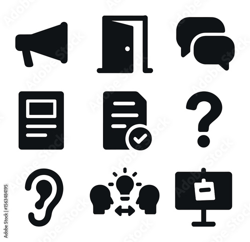Communication Icons Set. Solid, filled icons set of communication and transparency: megaphone icon, open door,