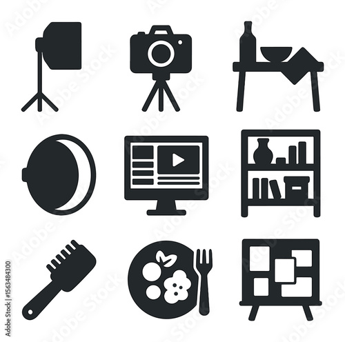 Professional Studio Icons. Solid, filled icons set of professional studio setups: softbox light, camera on