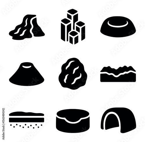 Volcanic Rock Icons. Solid, filled icons set of volcanic rock formations: lava flow, basalt column, volcanic