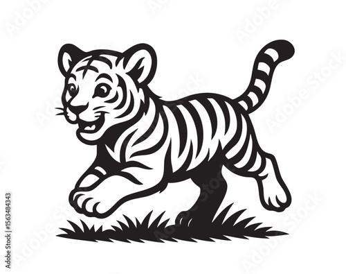 Vector illustration of a cute tiger cub running with a happy expression. Wildlife Animals.