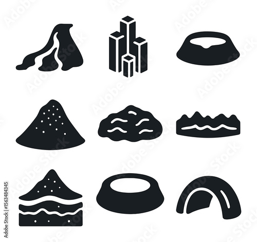 Volcanic Rock Icons. Solid, filled icons set of volcanic rock formations: lava flow, basalt column, volcanic