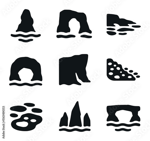 Coastal Rock Icon Set. Solid, filled icons set of coastal rock features: sea stack, tidal arch, rocky shore,