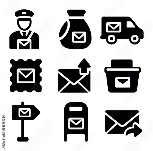 Postal Service Icons. Solid, filled icons set of postal service icons: postman figure, mailbag icon, delivery