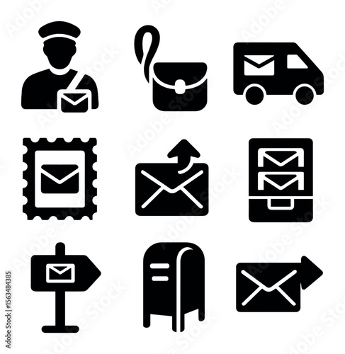 Postal Service Icons. Solid, filled icons set of postal service icons: postman figure, mailbag icon, delivery