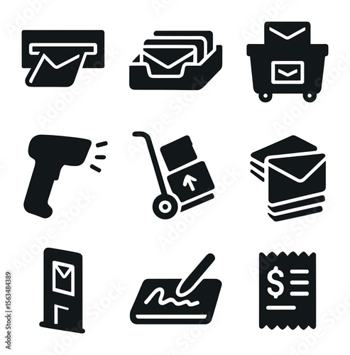 Commercial Mail Icons. Solid, filled icons set of commercial mail systems: mailroom slot, sorting tray, bulk