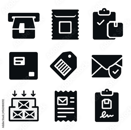 Mail Handling Icons. Solid, filled icons set of package and letter handling: parcel through slot, padded
