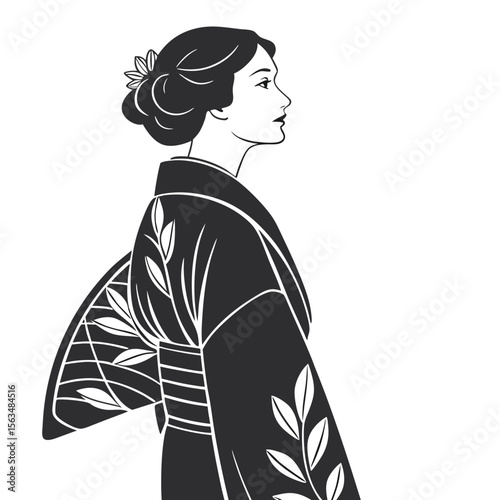 Elegant Woman in Kimono: Black and White Illustration