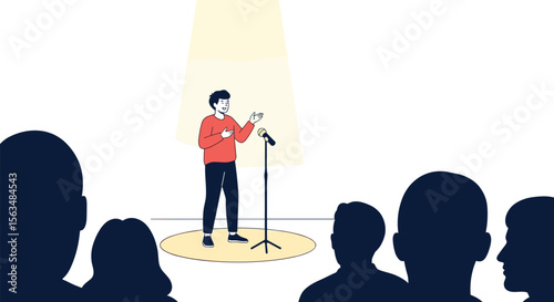 A skilled comedian captivates the audience with a captivating performance under a spotlight on a circular stage